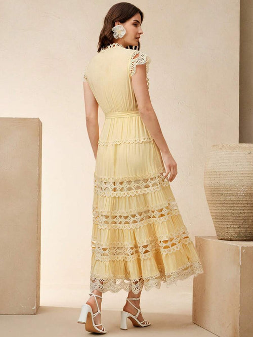 Anewsta Vestido longo elegante de renda com cor sólida e recortes para mulheres, Verão, Praia, Feriado, Casual