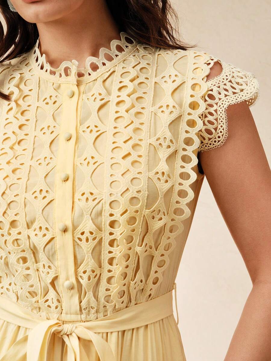 Anewsta Vestido longo elegante de renda com cor sólida e recortes para mulheres, Verão, Praia, Feriado, Casual