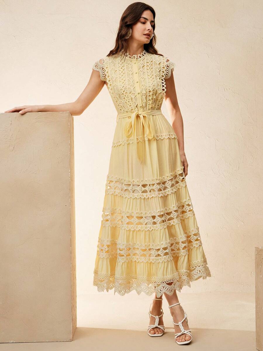 Anewsta Vestido longo elegante de renda com cor sólida e recortes para mulheres, Verão, Praia, Feriado, Casual