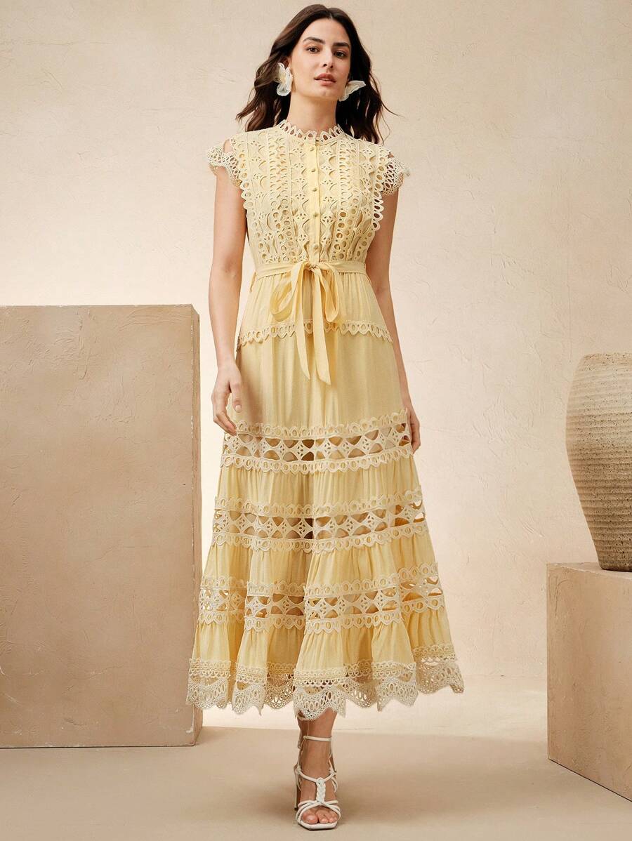 Anewsta Vestido Longo Elegante Feminino de Cor Sólida com Aplicação de Renda, Verão, Praia, Férias, Casual