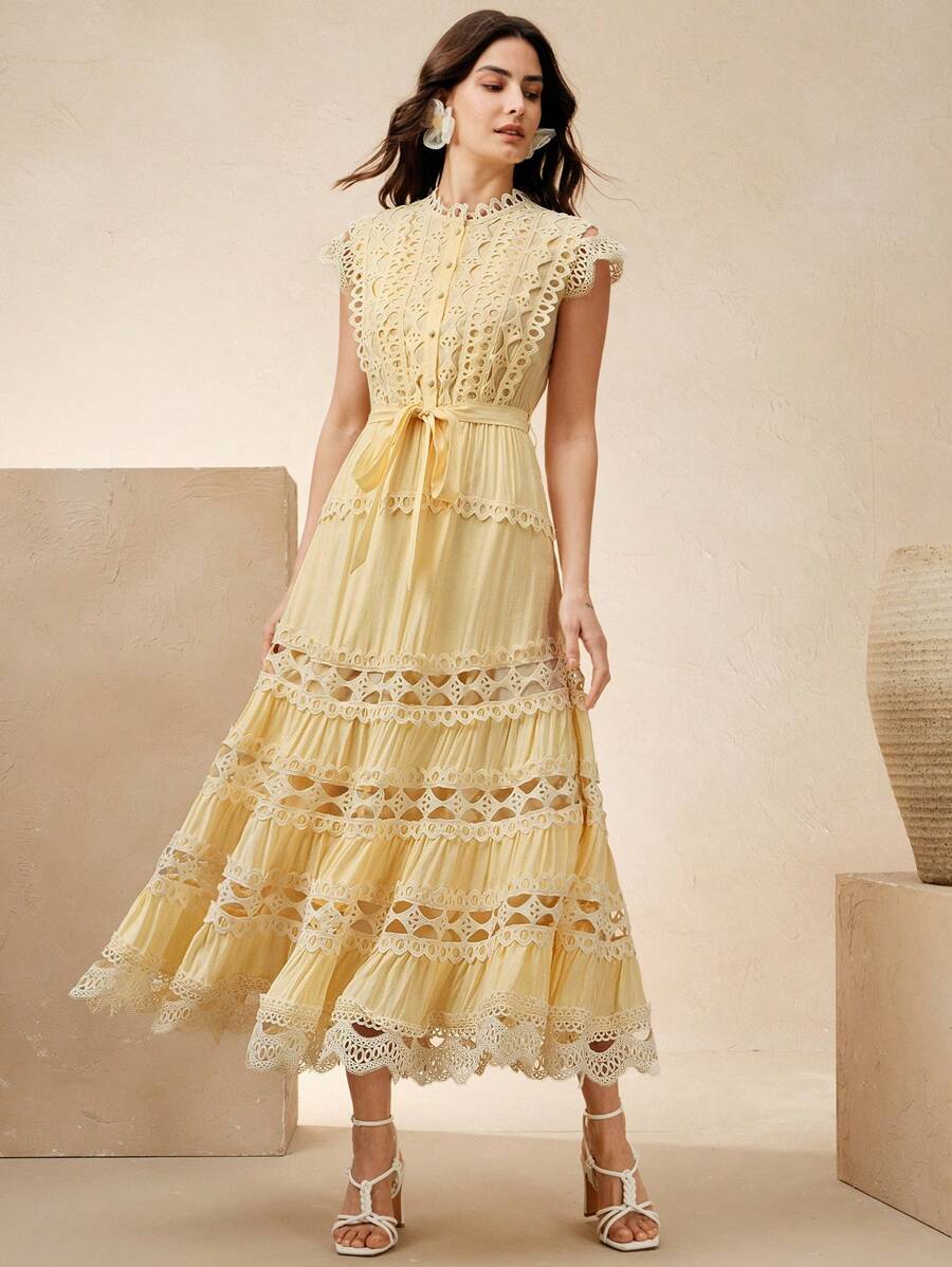 Anewsta Vestido longo elegante de renda com cor sólida e recortes para mulheres, Verão, Praia, Feriado, Casual