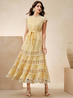 Anewsta Vestido Elegante de Renda Colorida Sólida com Recorte, Sem Mangas, Para Mulheres, Verão, Praia, Férias, Casual