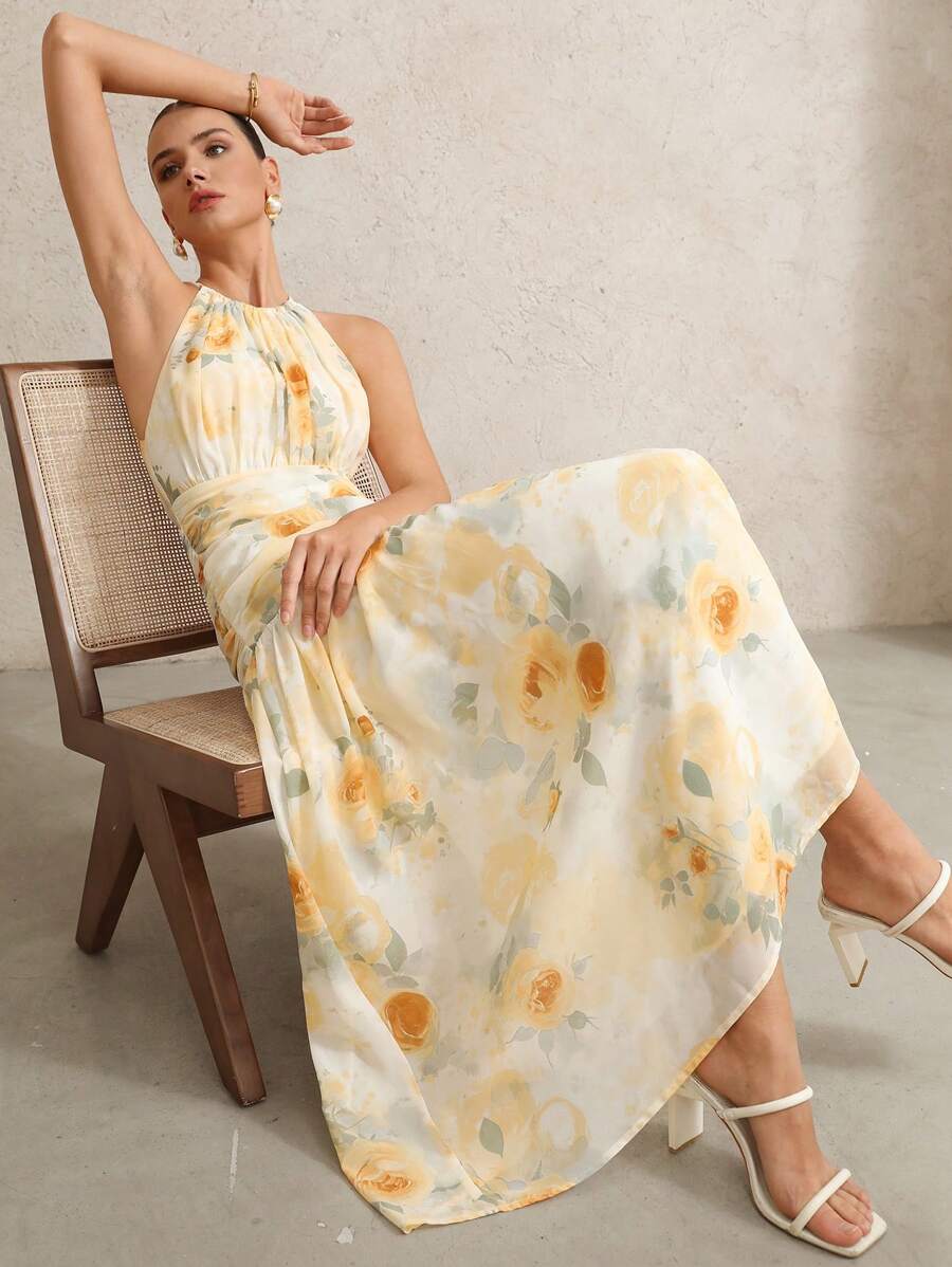 BELROSIE Vestido Floral Drapeado Assimétrico Sem Mangas Elegante e Romântico, Versátil para Férias, Sexy Decote Nas Costas, Estilo Boho Fashionável para o Verão