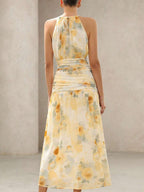 BELROSIE Vestido Floral Drapeado Assimétrico Sem Mangas Elegante e Romântico, Versátil para Férias, Sexy Decote Nas Costas, Estilo Boho Fashionável para o Verão