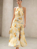 BELROSIE Vestido Floral Drapeado Assimétrico Sem Mangas Elegante e Romântico, Versátil para Férias, Sexy Decote Nas Costas, Estilo Boho Fashionável para o Verão