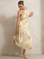 BELROSIE Vestido Floral Drapeado Assimétrico Sem Mangas Elegante e Romântico, Versátil para Férias, Sexy Decote Nas Costas, Estilo Boho Fashionável para o Verão