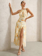 BELROSIE Vestido Floral Drapeado Assimétrico Sem Mangas Elegante e Romântico, Versátil para Férias, Sexy Decote Nas Costas, Estilo Boho Fashionável para o Verão