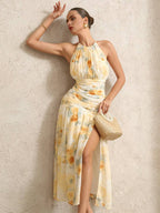 BELROSIE Vestido Floral Drapeado Assimétrico Sem Mangas Elegante e Romântico, Versátil para Férias, Sexy Decote Nas Costas, Estilo Boho Fashionável para o Verão