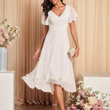EVERPRETTY Vestido Elegante de Chiffon Liso com Decote em V, Manga Curta, Bainha Franzida, Midi Branco para Despedida de Solteira, Vestido Formal, Vestido para Chá de Panela, Vestido de Noiva para Noiva, Vestidos de Noivado