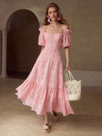 MOTF PREMIUM VESTIDO COM OMBROS DE FORA, BORDADO DE ILHÓS