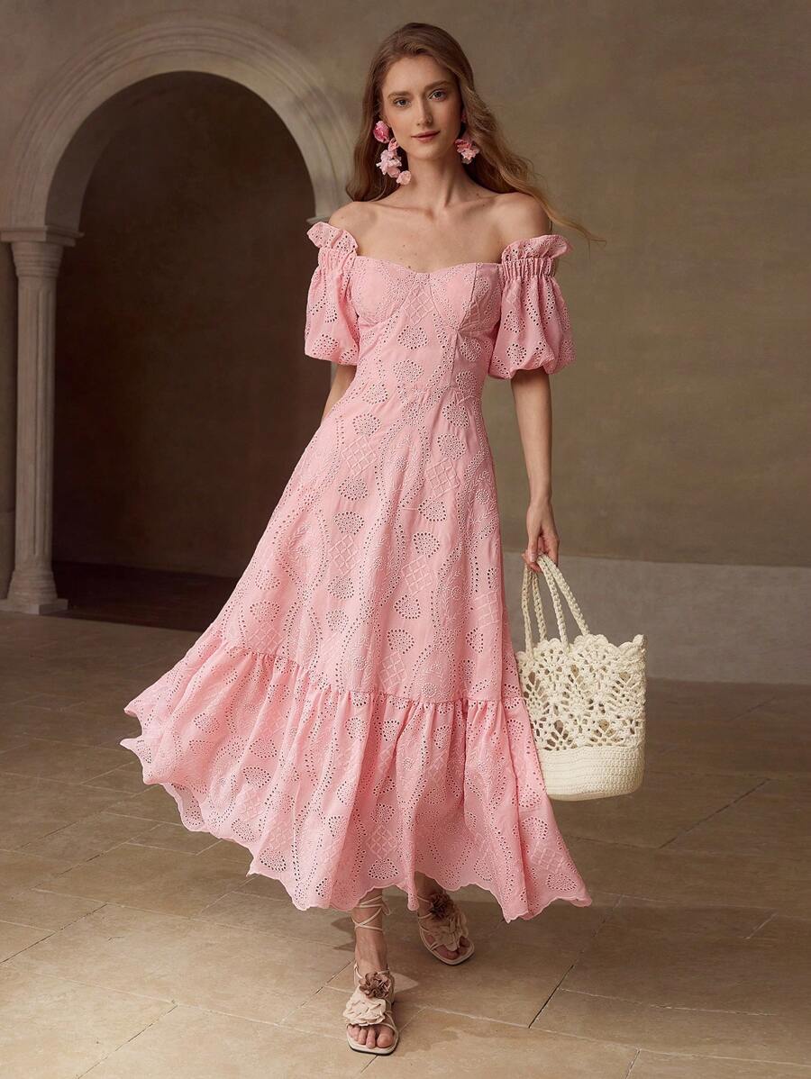 MOTF PREMIUM VESTIDO COM OMBROS DE FORA, BORDADO DE ILHÓS