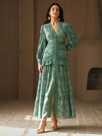 Anewsta Vestido Longo Elegante Feminino com Decote em V, Mangas Bufantes e Cintura Marcada