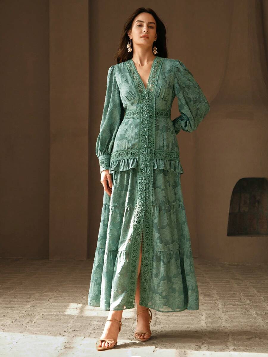 Anewsta Vestido Longo Elegante Feminino com Decote em V, Mangas Bufantes e Cintura Marcada