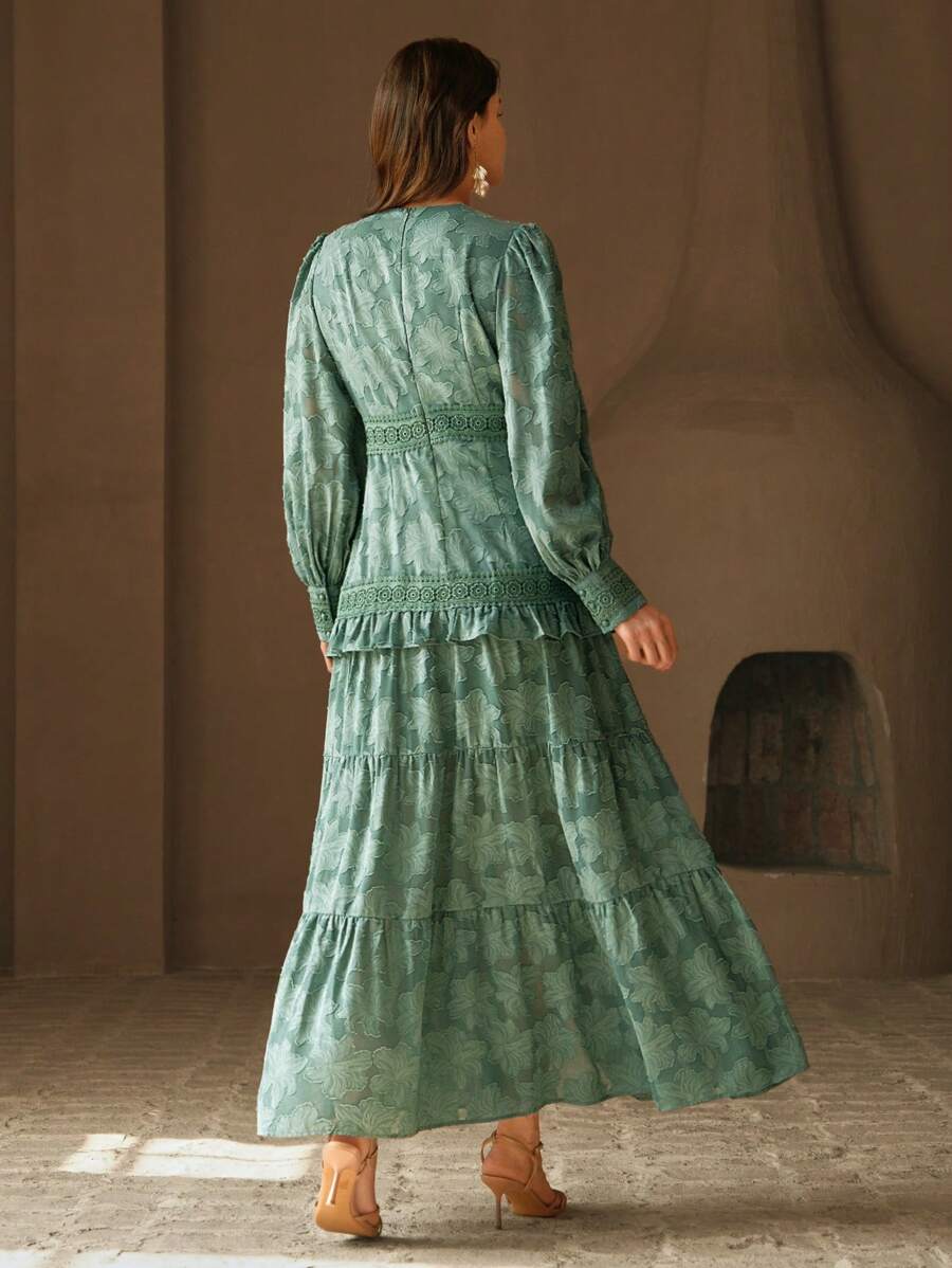 Anewsta Vestido Longo Elegante Feminino com Decote em V, Mangas Bufantes e Cintura Marcada