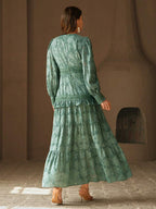 Anewsta Vestido Longo Elegante Feminino com Decote em V, Mangas Bufantes e Cintura Marcada