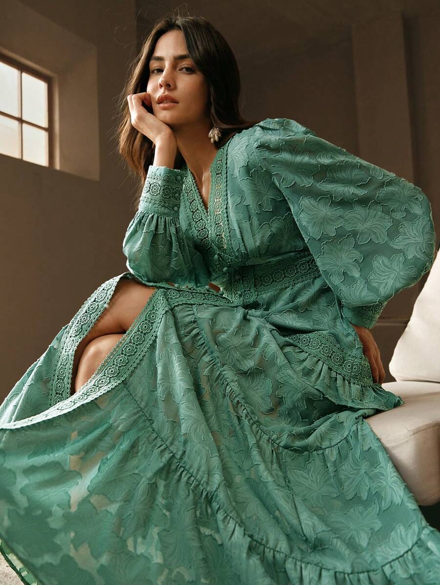 Anewsta Vestido Longo Elegante Feminino com Decote em V, Mangas Bufantes e Cintura Marcada