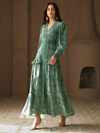 Anewsta Vestido Longo Elegante Feminino com Decote em V, Mangas Bufantes e Cintura Marcada