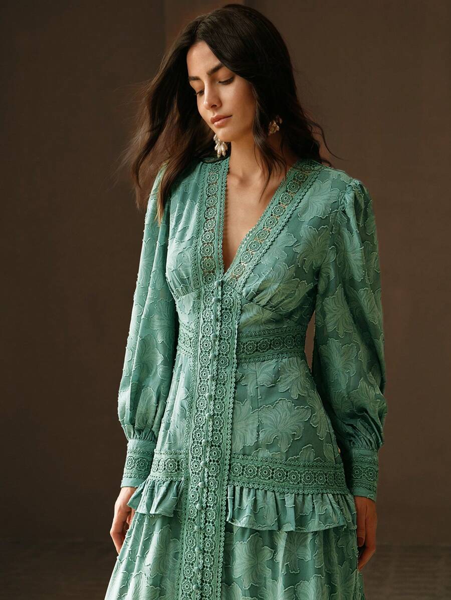 Anewsta Vestido Longo Elegante Feminino com Decote em V, Mangas Bufantes e Cintura Marcada