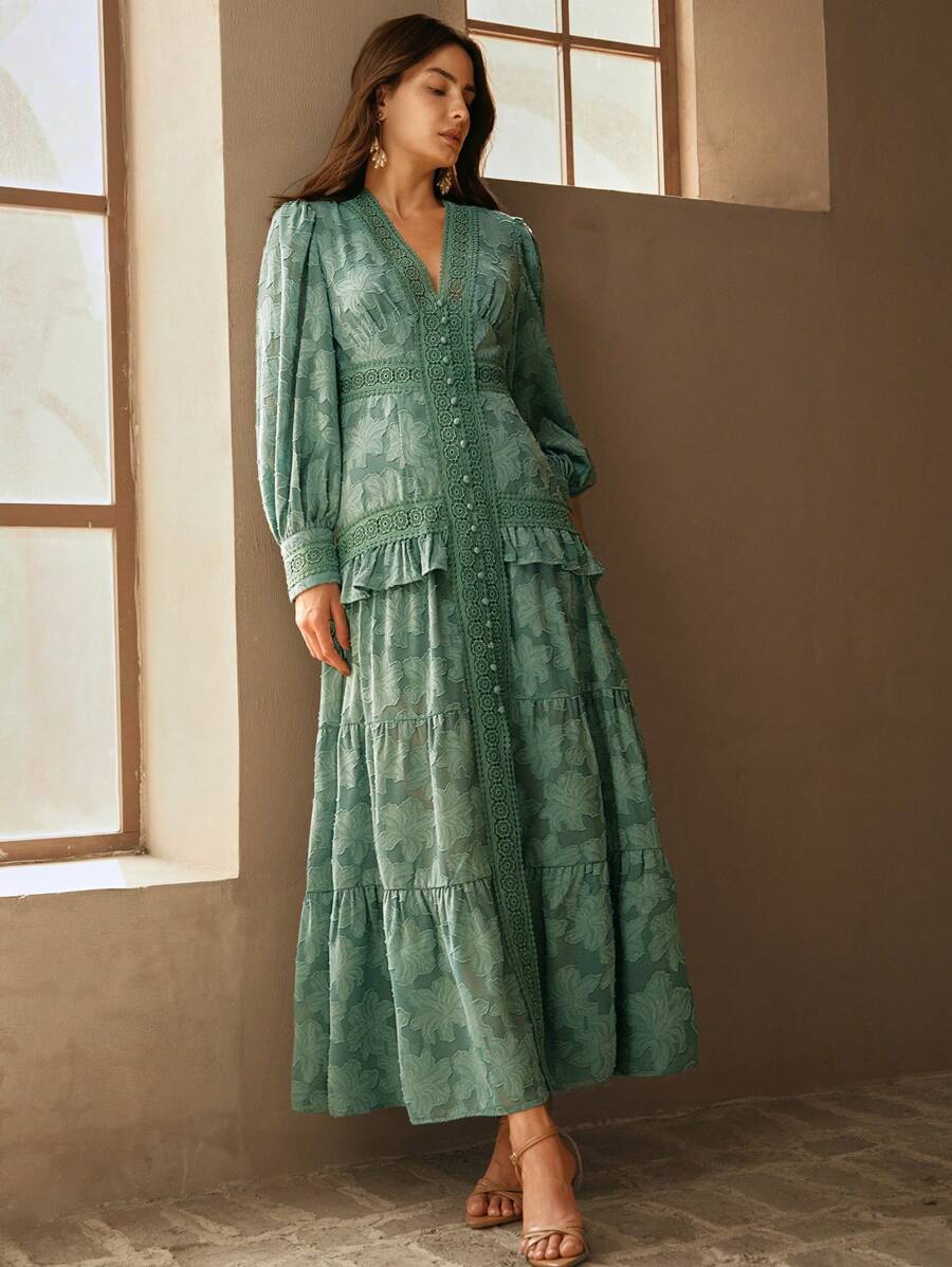 Anewsta Vestido Longo Elegante Feminino com Decote em V, Mangas Bufantes e Cintura Marcada