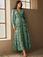 Anewsta Vestido Longo Elegante Feminino com Decote em V, Mangas Bufantes e Cintura Marcada