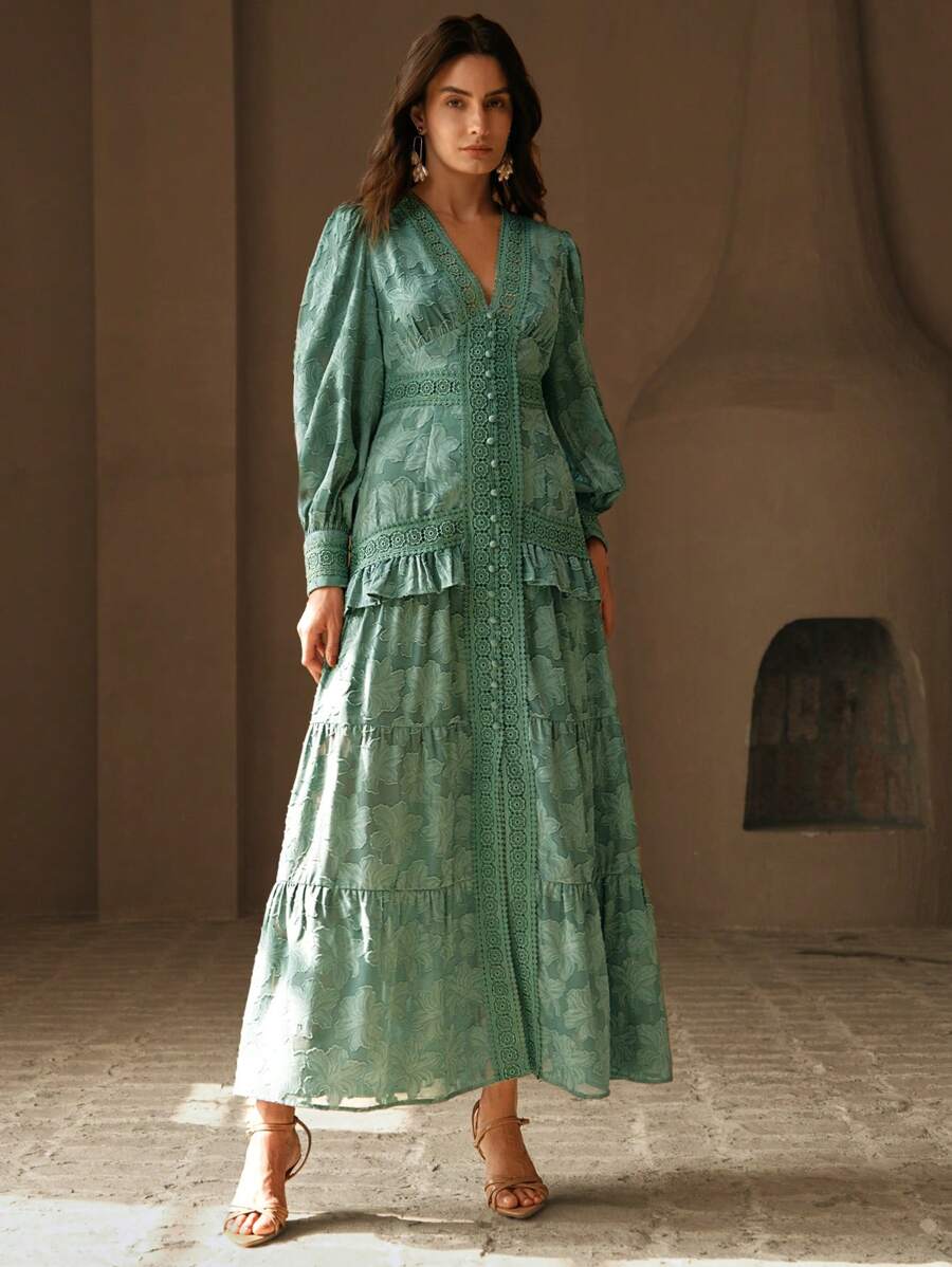 Anewsta Vestido Longo Elegante Feminino com Decote em V, Mangas Bufantes e Cintura Marcada