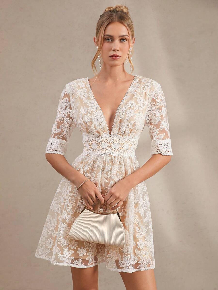 Amorya Vestido Branco Estilo A-Line Elegante Com Decote em V Bordado, Novo Estilo da Moda para Mulheres