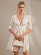 Amorya Vestido Branco Estilo A-Line Elegante Com Decote em V Bordado, Novo Estilo da Moda para Mulheres