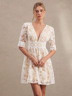 Amorya Vestido Branco Estilo A-Line Elegante Com Decote em V Bordado, Novo Estilo da Moda para Mulheres