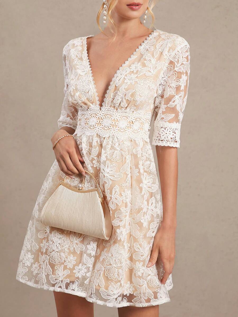 Amorya Vestido Branco Estilo A-Line Elegante Com Decote em V Bordado, Novo Estilo da Moda para Mulheres