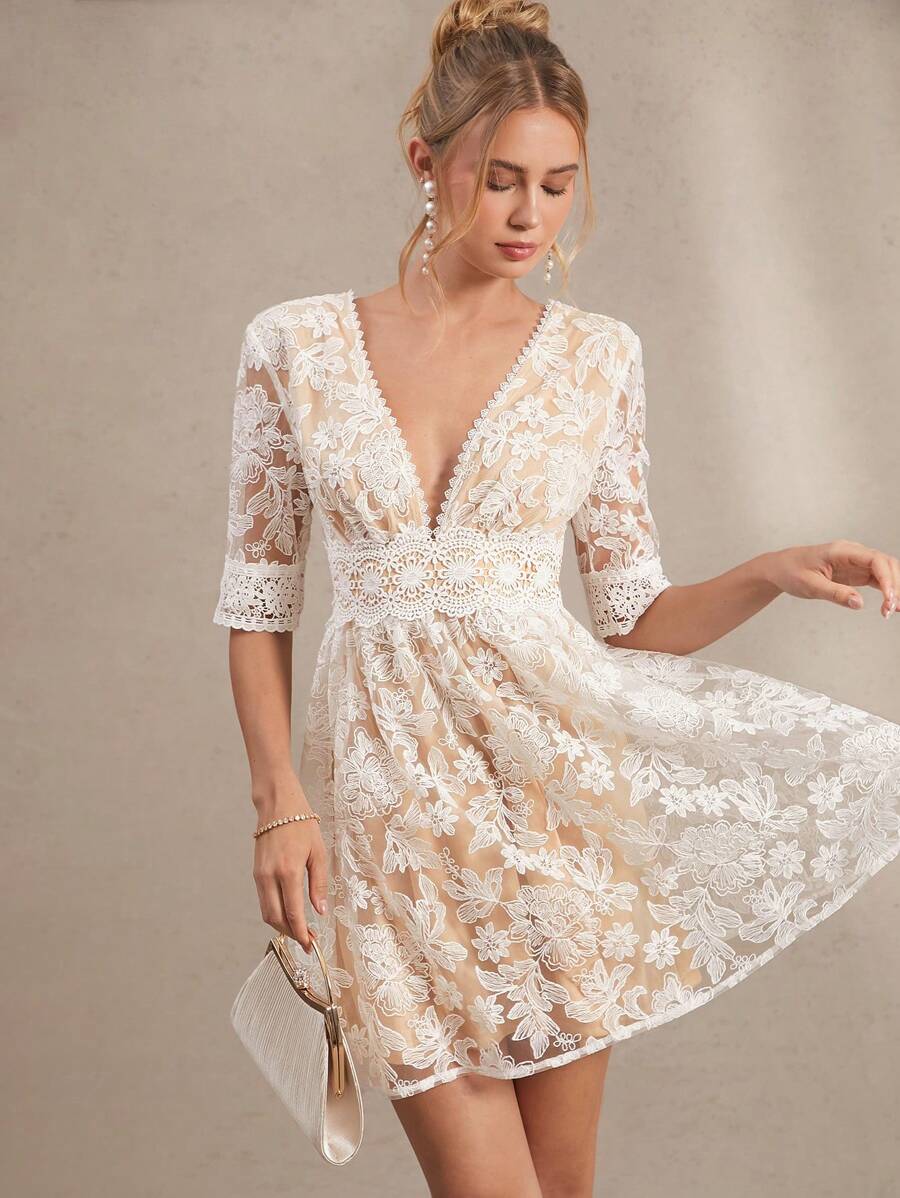 Amorya Vestido Branco Estilo A-Line Elegante Com Decote em V Bordado, Novo Estilo da Moda para Mulheres