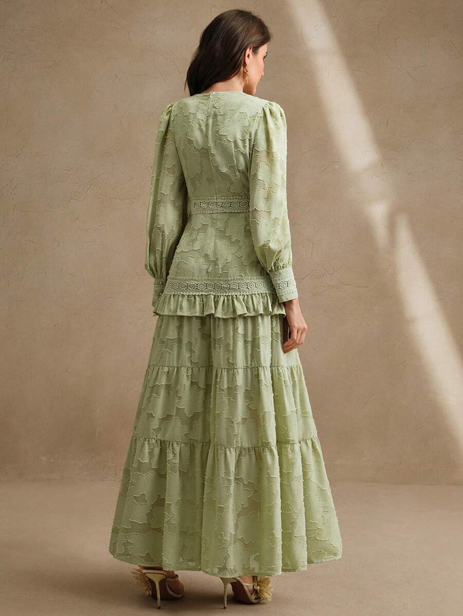 Anewsta Vestido Longo Elegante Feminino com Decote em V, Mangas Bufantes e Cintura Marcada