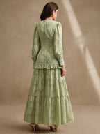 Anewsta Vestido Longo Elegante Feminino com Decote em V, Mangas Bufantes e Cintura Marcada