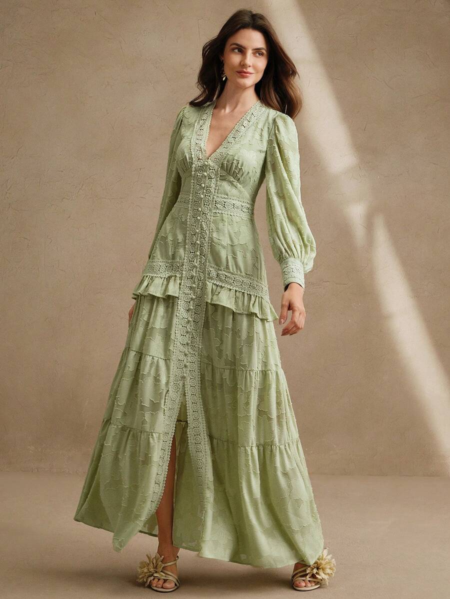 Anewsta Vestido Longo Elegante Feminino com Decote em V, Mangas Bufantes e Cintura Marcada