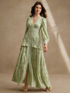 Anewsta Vestido Longo Elegante Feminino com Decote em V, Mangas Bufantes e Cintura Marcada