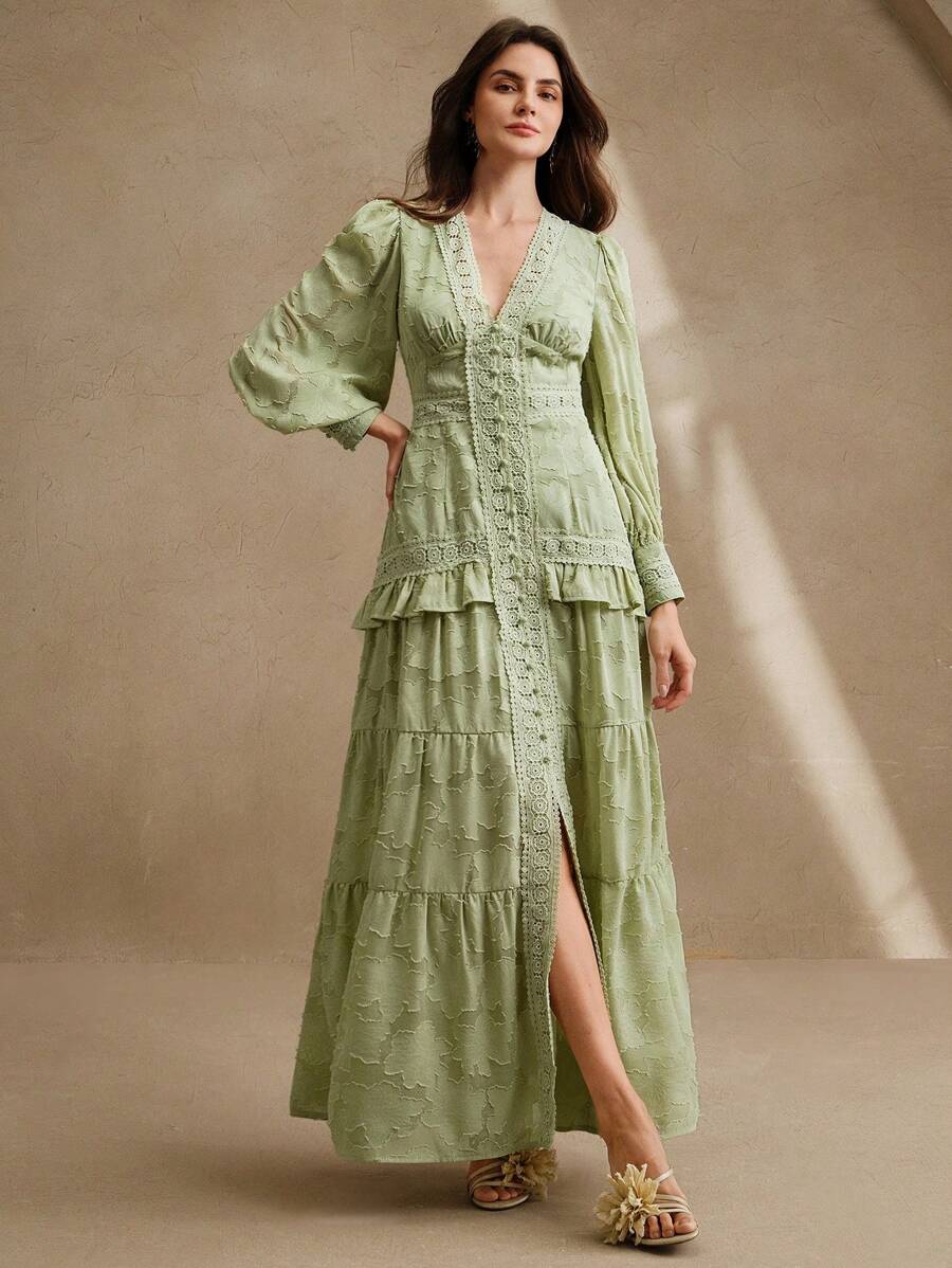 Anewsta Vestido Longo Elegante Feminino com Decote em V, Mangas Bufantes e Cintura Marcada