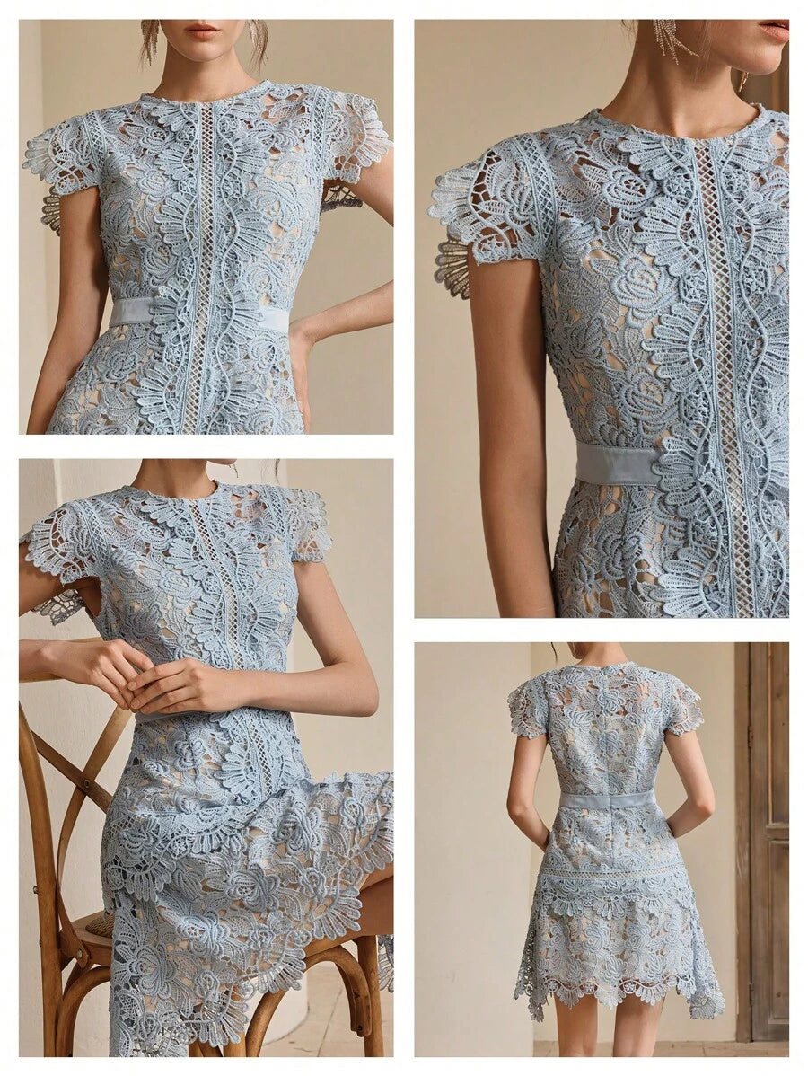 Anewsta Primavera, Férias, Festival Vestido Curto de Manga Curta com Gola Redonda, Floral, Recorte, Bordado, Renda Vazada, Elegante Verão Novidade para Mulheres