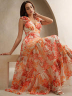 Anewsta Vestido Longo Mulheres Retrô Estampa de Folha de Bordo Gola V Profunda Sem Mangas em Chiffon de Alta Qualidade com Bainha Franzida, Silhueta Afunilada na Cintura, Novidade de Verão 2025