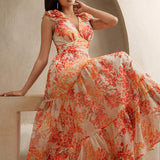 Anewsta Vestido Longo Mulheres Retrô Estampa de Folha de Bordo Gola V Profunda Sem Mangas em Chiffon de Alta Qualidade com Bainha Franzida, Silhueta Afunilada na Cintura, Novidade de Verão 2025