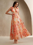 Anewsta Vestido Longo Mulheres Retrô Estampa de Folha de Bordo Gola V Profunda Sem Mangas em Chiffon de Alta Qualidade com Bainha Franzida, Silhueta Afunilada na Cintura, Novidade de Verão 2025