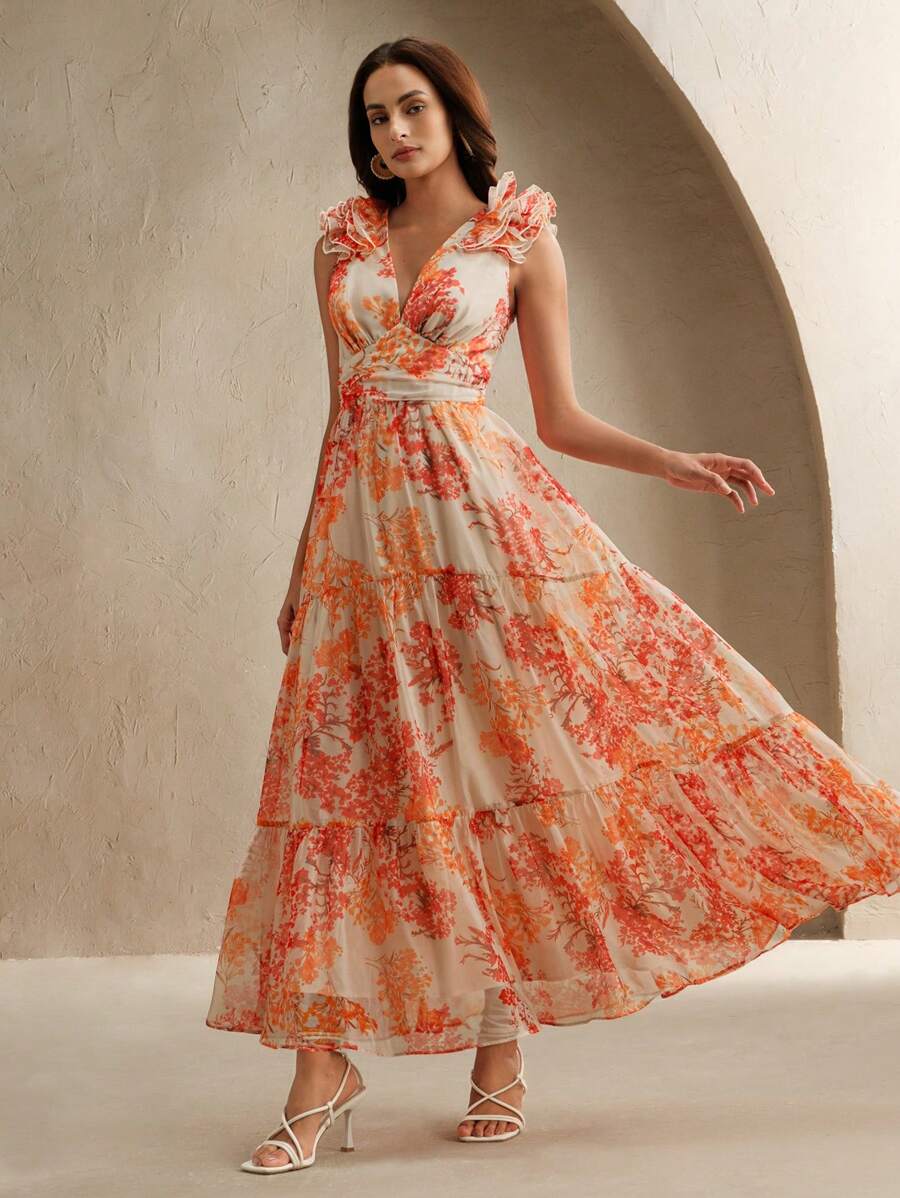 Anewsta Vestido Longo Mulheres Retrô Estampa de Folha de Bordo Gola V Profunda Sem Mangas em Chiffon de Alta Qualidade com Bainha Franzida, Silhueta Afunilada na Cintura, Novidade de Verão 2025