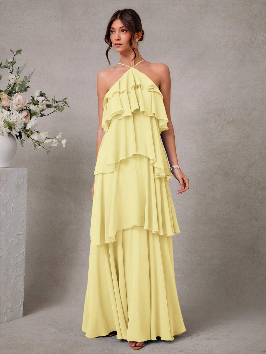 L'Amorae Vestido Elegante e Romântico de Convidado de Casamento Longo Maxi de Chiffon com Detalhe Franzido e Decote Halter Sólido