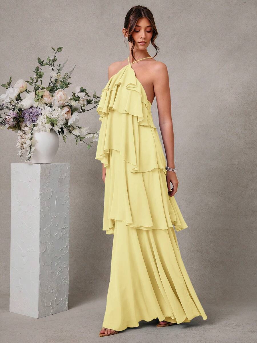 L'Amorae Vestido Elegante e Romântico de Convidado de Casamento Longo Maxi de Chiffon com Detalhe Franzido e Decote Halter Sólido