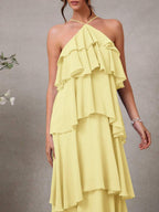 L'Amorae Vestido Elegante e Romântico de Convidado de Casamento Longo Maxi de Chiffon com Detalhe Franzido e Decote Halter Sólido