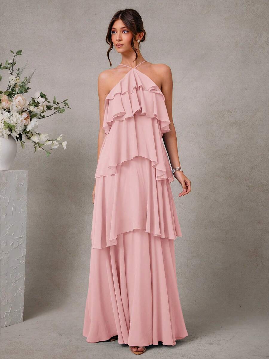 L'Amorae Vestido Elegante e Romântico de Convidado de Casamento Longo Maxi de Chiffon com Detalhe Franzido e Decote Halter Sólido
