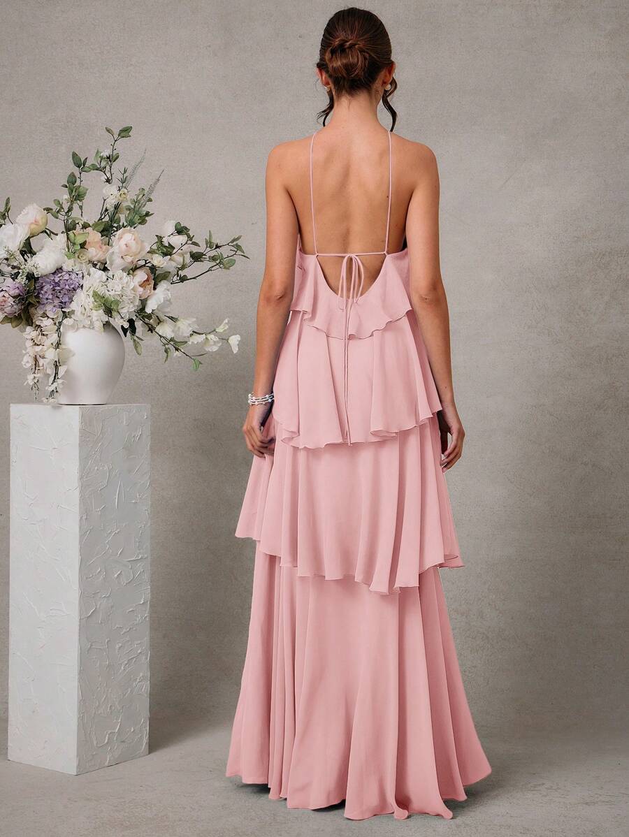 L'Amorae Vestido Elegante e Romântico de Convidado de Casamento Longo Maxi de Chiffon com Detalhe Franzido e Decote Halter Sólido