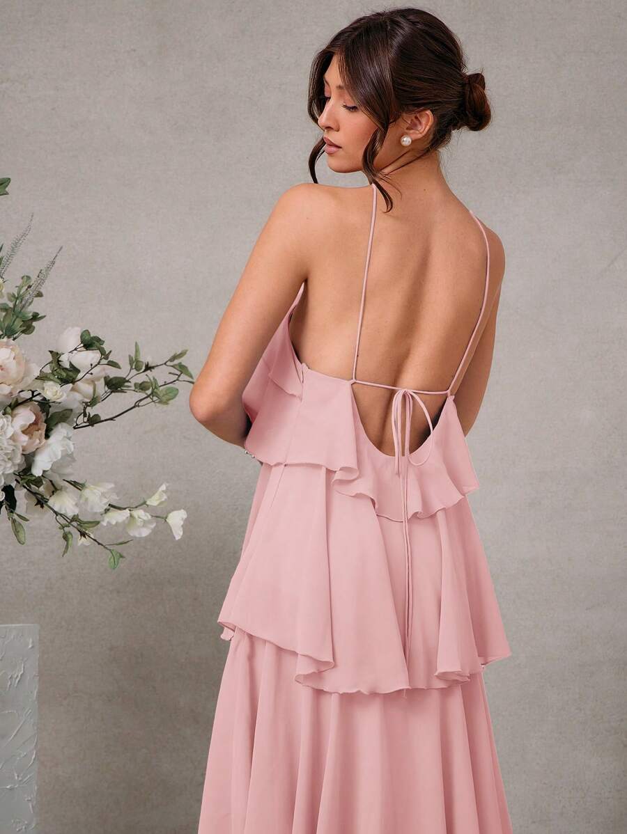 L'Amorae Vestido Elegante e Romântico de Convidado de Casamento Longo Maxi de Chiffon com Detalhe Franzido e Decote Halter Sólido