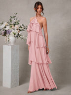 L'Amorae Vestido Elegante e Romântico de Convidado de Casamento Longo Maxi de Chiffon com Detalhe Franzido e Decote Halter Sólido