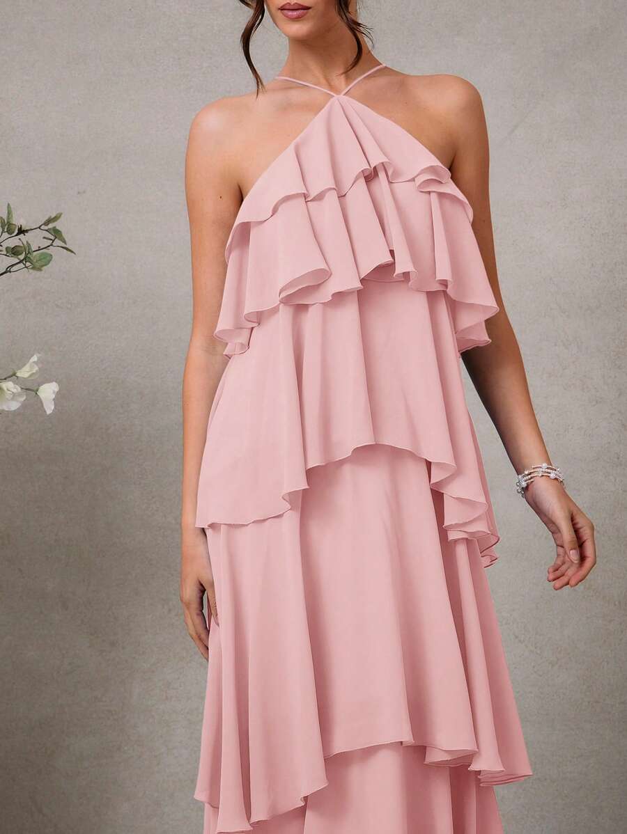 L'Amorae Vestido Elegante e Romântico de Convidado de Casamento Longo Maxi de Chiffon com Detalhe Franzido e Decote Halter Sólido