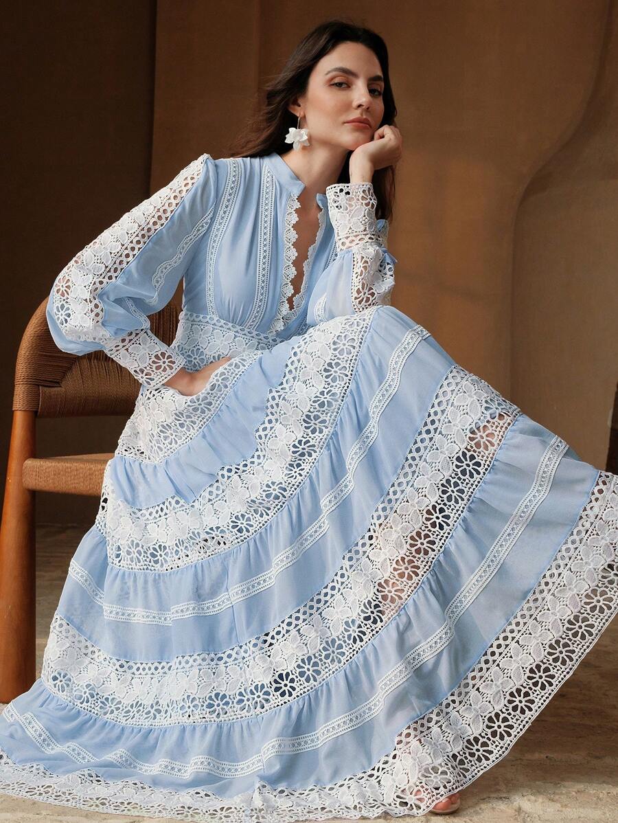 Anewsta Vestido Longo de Renda Macia com Recorte Oco Estilo Palácio da Moda Francesa, Adequado para Primavera, Festival, Férias