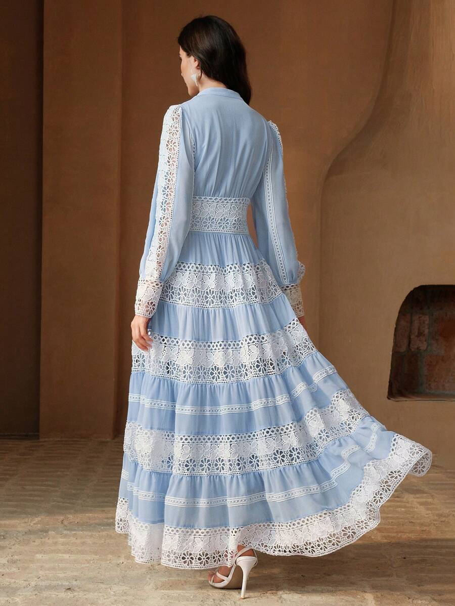 Anewsta Vestido Longo de Renda Macia com Recorte Oco Estilo Palácio da Moda Francesa, Adequado para Primavera, Festival, Férias
